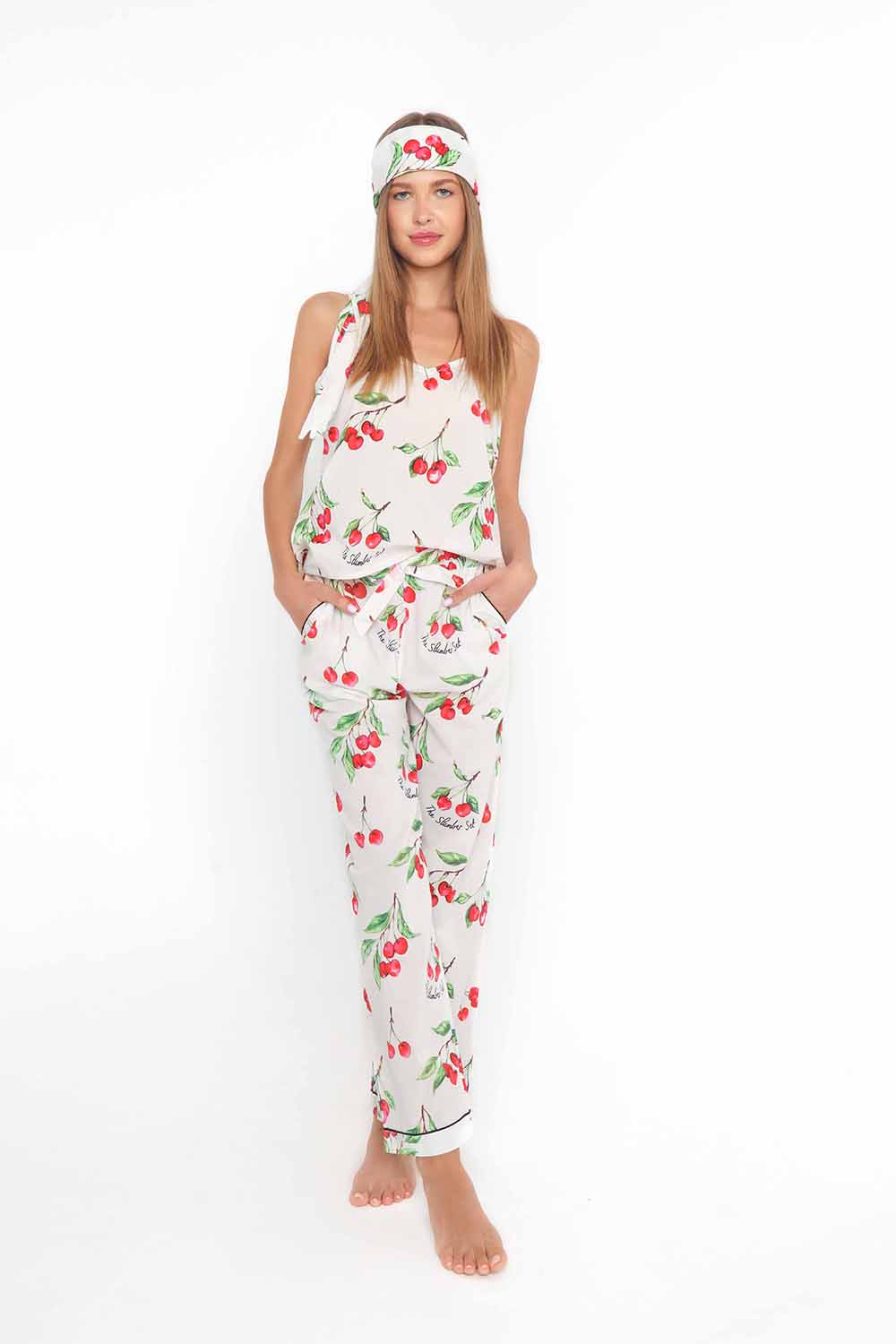 Ladies Slumber Cami Long Trousers Set - Cherry Print