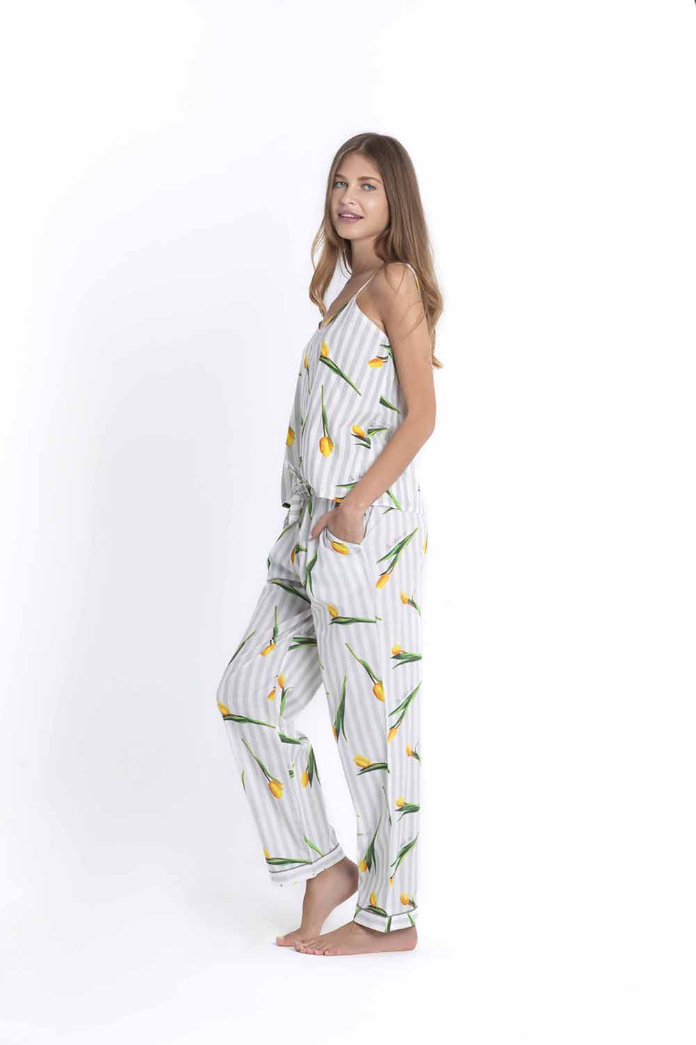 Ladies Slumber Cami Long Trouser Set - Tulip Print